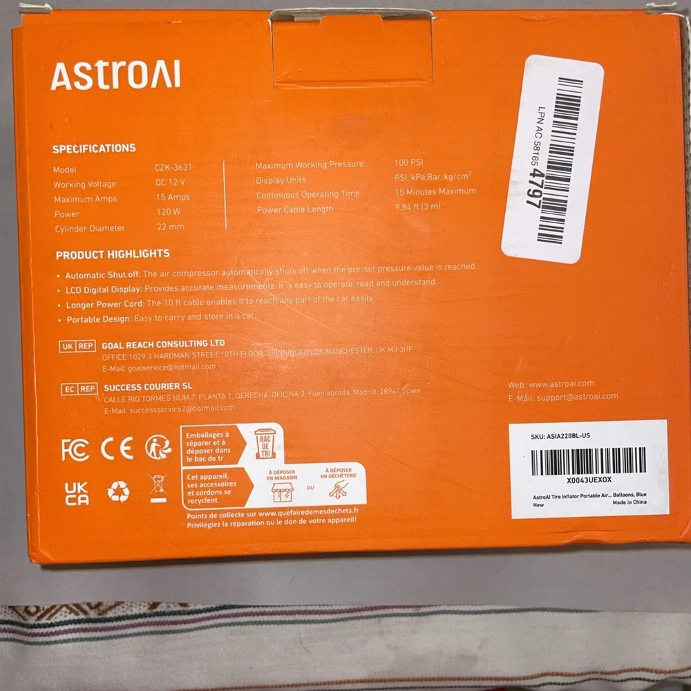 AstroAI Portable Car Air Pump CZK-3631 | 35 L/Min | with Accessories